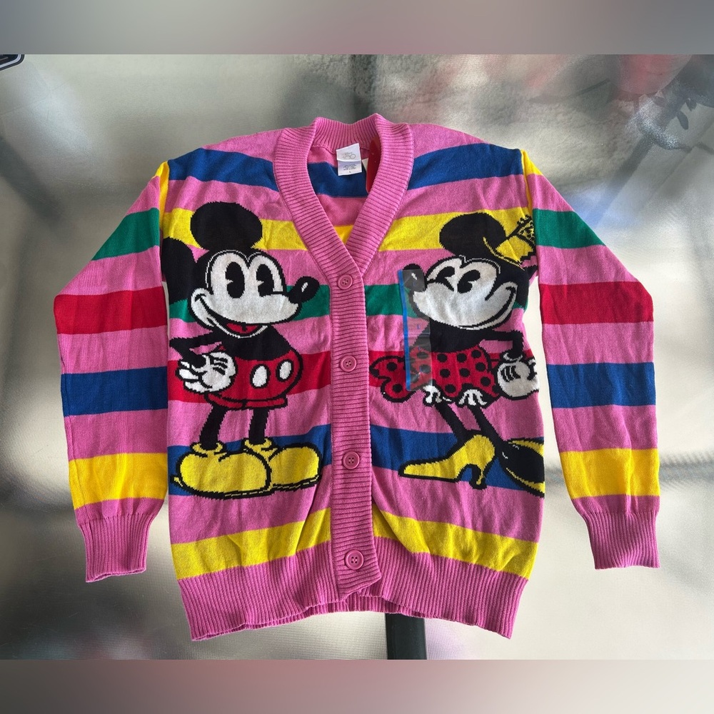NEW Disney Pink and Blue Striped Sweater Mickey and Minnie Mouse